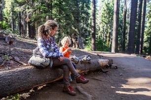 Madre con bambino visita il parco nazionale di Yosemite in California, USA