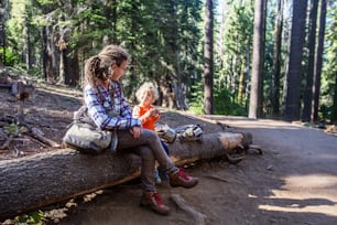 Mother with toddler visit Yosemite national park in California, USA