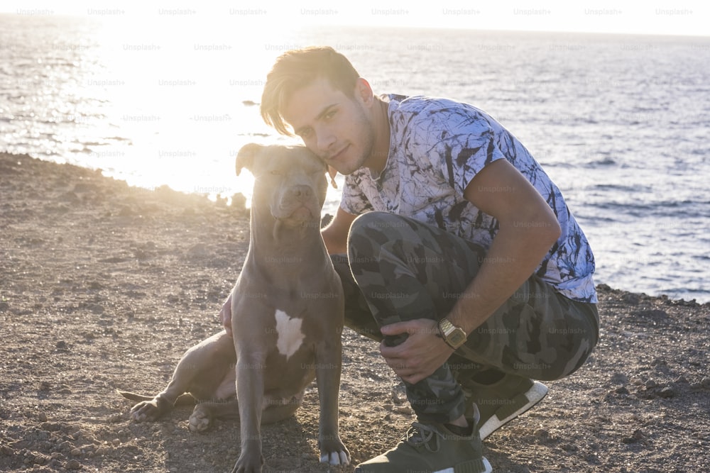 Portrait of young beautiful attractive young man and his best friend amstal dog sit down with him - ocean and scenic sunlight in background - pet therapy and love for animals concept