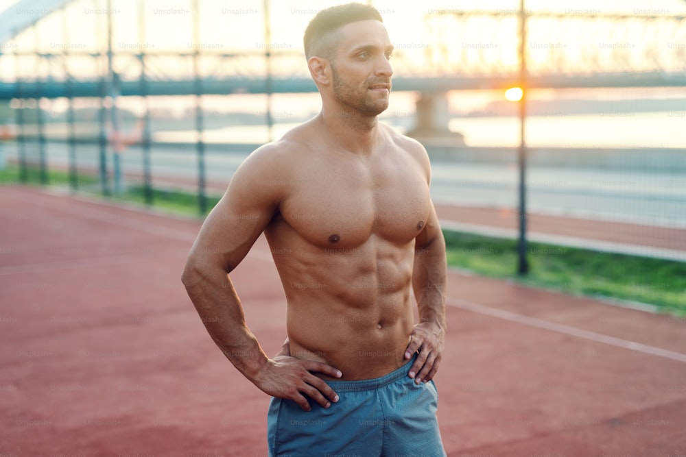 Sportivo muscoloso a torso nudo in posa con le mani sui fianchi mentre si trova sulla locanda del campo la mattina.