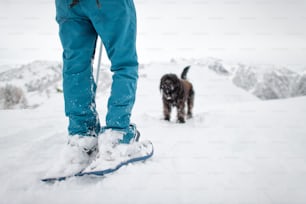 Detail eines Mädchens Schneeschuhe während eines Spaziergangs mit ihrem schwarzen Hund.