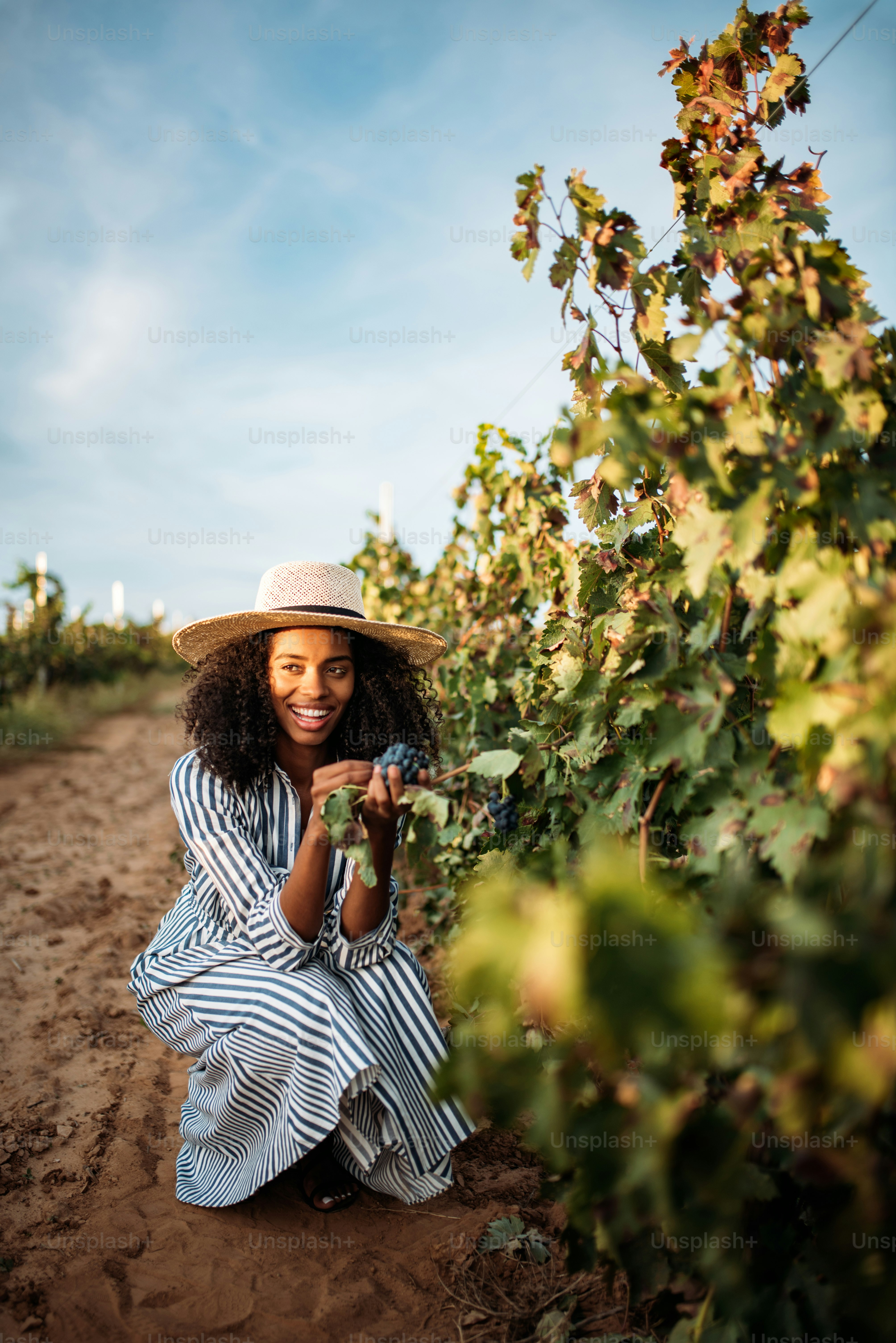 Jeune femme noire mangeant un raisin dans un vignoble