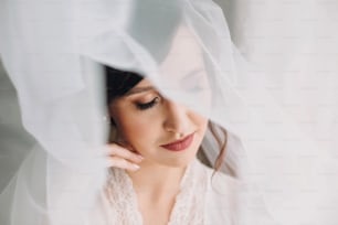 Beautiful stylish brunette bride posing in silk robe under veil in the morning. Sensual portrait of happy woman model with perfect makeup and hairstyle, getting ready for wedding day