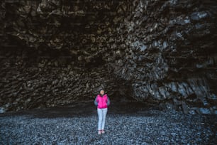 Volcanic black rock cave on Reynisdrangar beach in Vik, South Iceland.