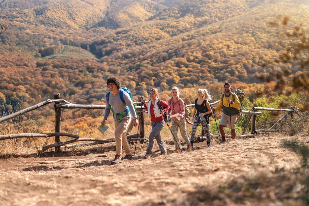Group of hikers walking in row and exploring nature. Autumn time.