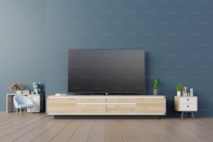 Tv design on cabinet interior modern room with plants,shelf,lamp on dark blue wall,3D rendering