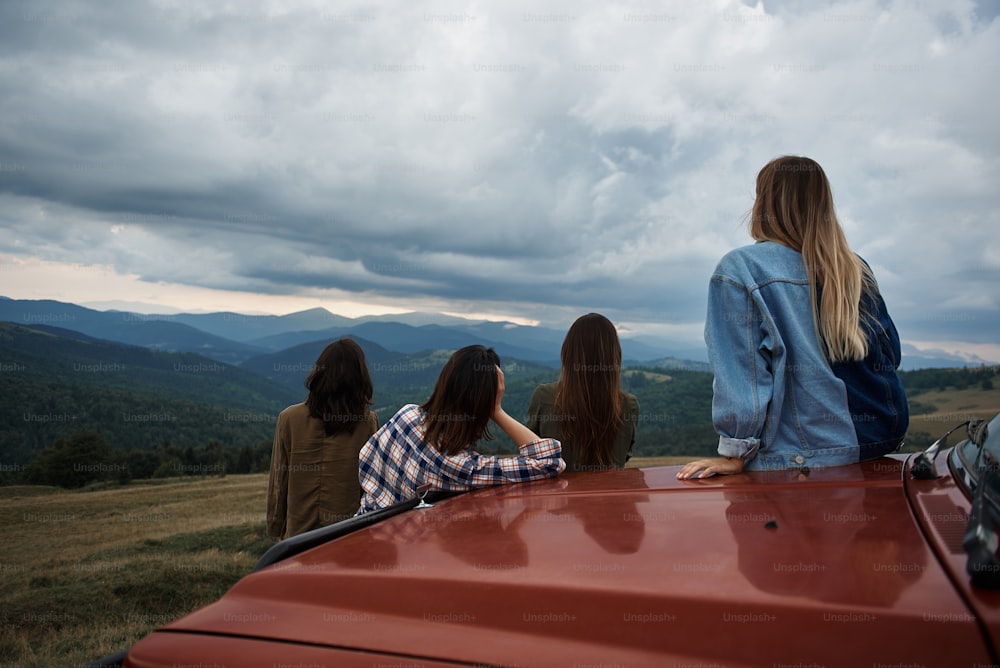 活発なチームビルディング。山を旅行中に車の近くに立っている若い旅行者のグループの背面図