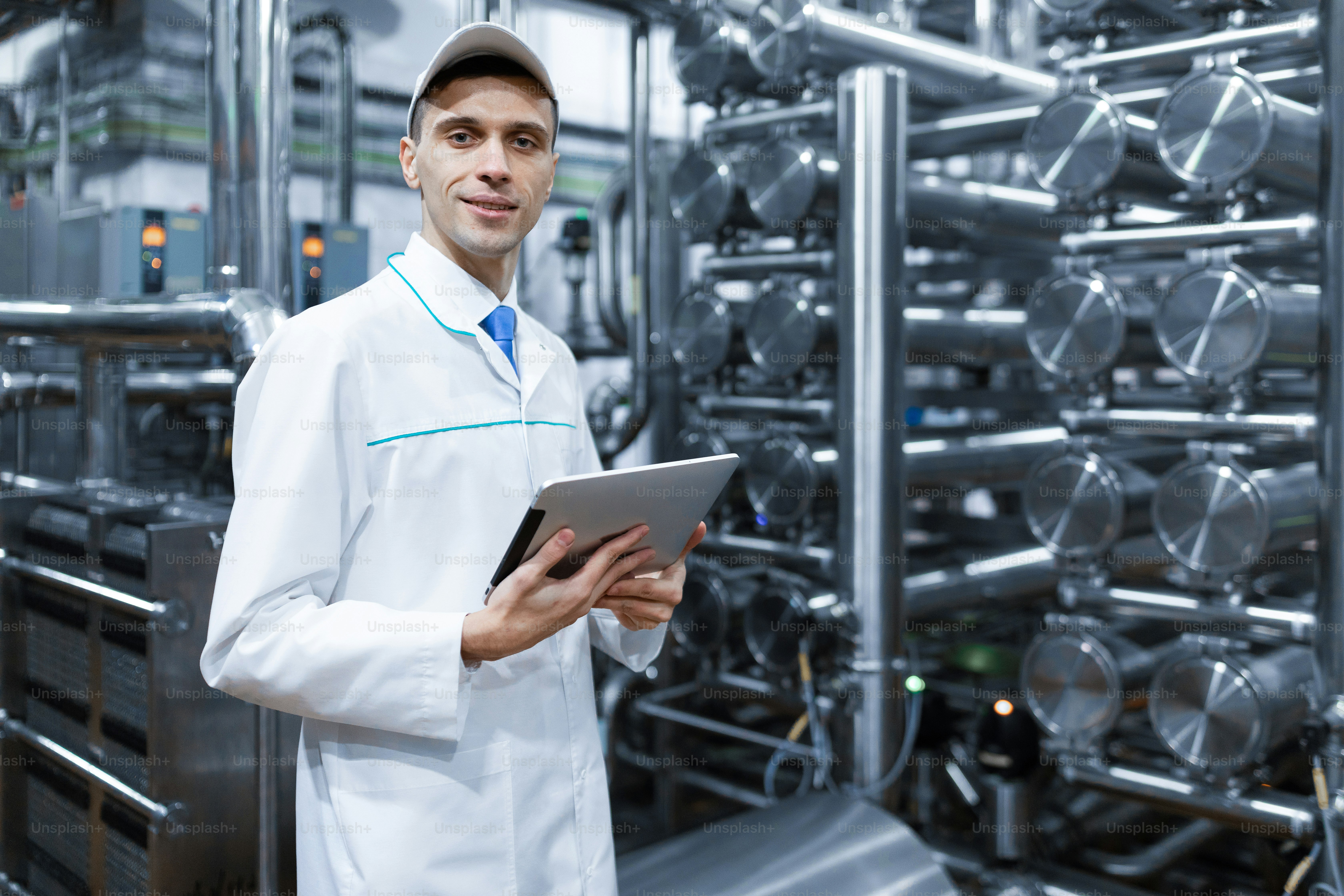 Technologe in einem weißen Kittel macht die notwendigen Einträge in der Tablette ist in der Fabrik. Ein Mann mit einem digitalen Tablet in Uniform in der Produktionshalle. Interieur der Produktionsabteilung im Hintergrund
