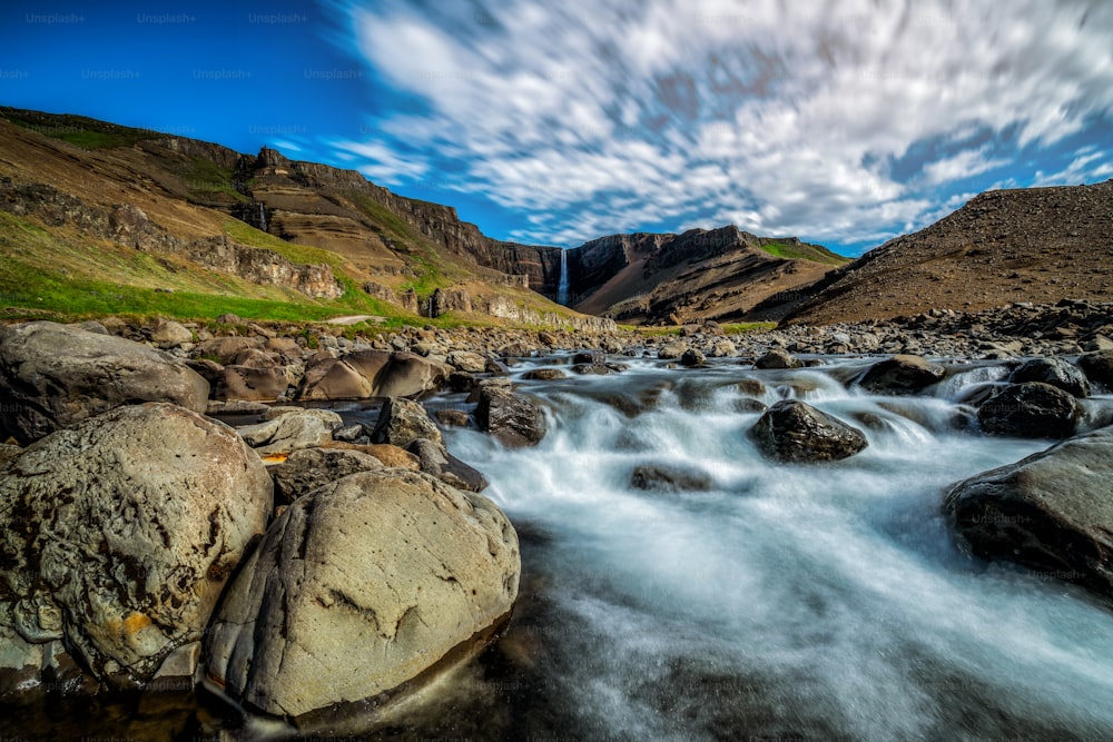 Beautiful Hengifoss Waterfall in Eastern Iceland. Nature travel landscape.