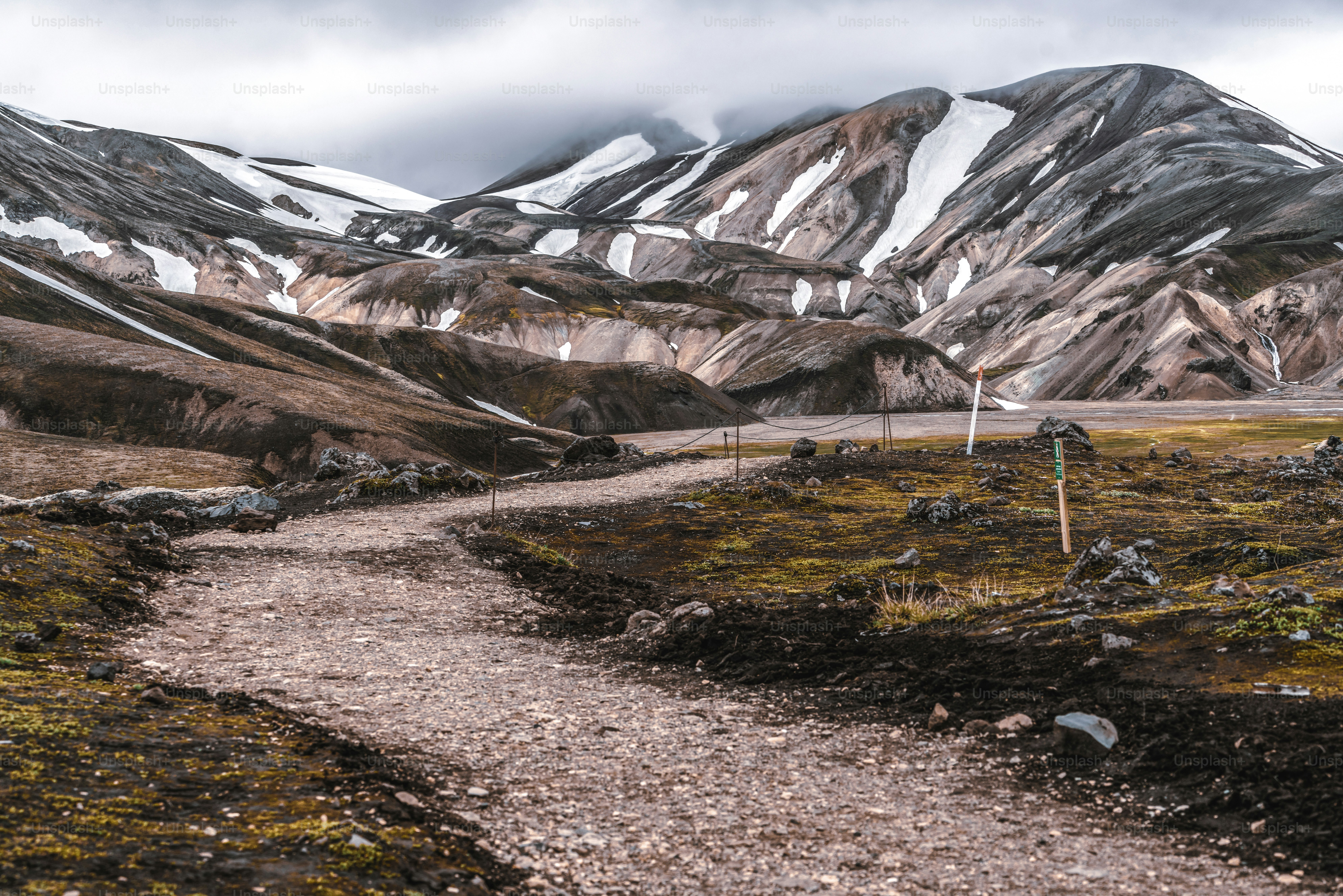 Beautiful Landmanalaugar gravel dust road way on highland of Iceland, Europe. Muddy tough terrain for extreme 4WD 4x4 vehicle. Landmanalaugar landscape is famous for nature trekking and hiking.