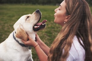 Attractive young woman with dog outdoors. Gril on a green grass with labrador retriever.