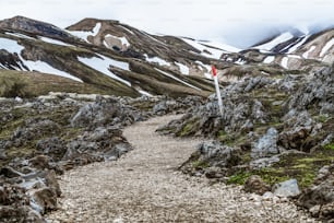 Landscape of Landmannalaugar surreal nature scenery in highland of Iceland, Nordic, Europe. Beautiful colorful snow mountain terrain famous for summer trekking adventure and outdoor walking.