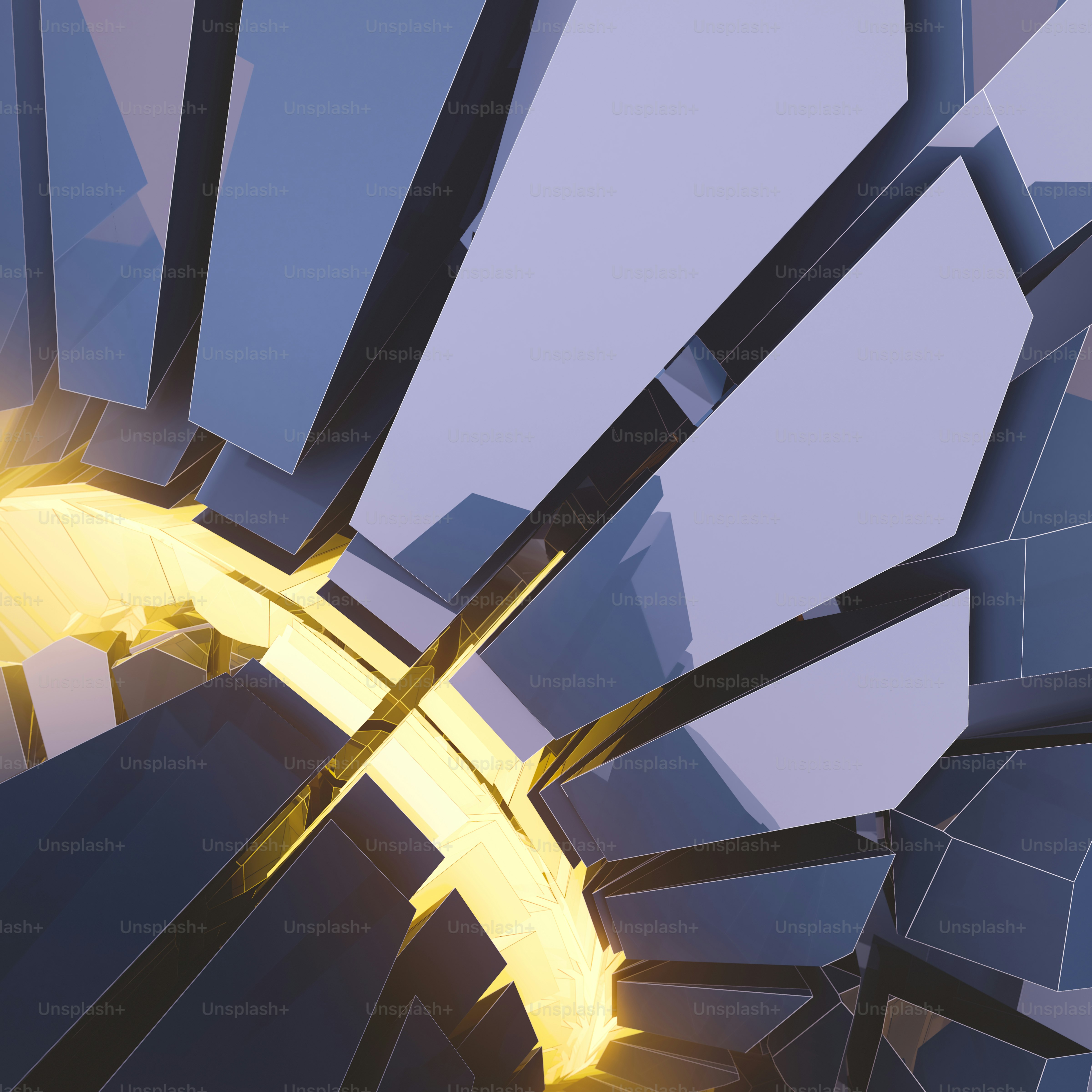 Abstract blue futuristic shiny plastic three-dimensional shape with yellow glowing lights. Surrounded blue colored mist. 3d rendering