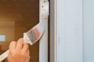 Professional painter cutting in with brush man is painting door with brush