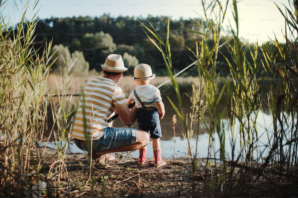 A rear view of mature father with a small toddler son outdoors fishing by a river or a lake.