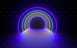 Habitación oscura futurista de ciencia ficción con neón brillante. Portal de realidad virtual, colores vibrantes, fuente de energía láser. Luces de neón de colores