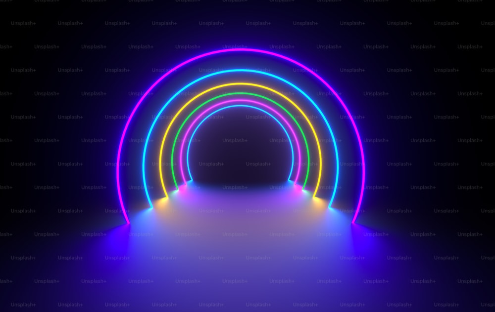 Stanza oscura futuristica di fantascienza con neon incandescente. Portale di realtà virtuale, colori vivaci, fonte di energia laser. Luci al neon colorate