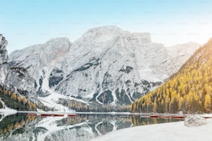 A magical panoramic landscape with calm colors of the famous lake Braies in the Dolomites Alps during autumn season. A popular tourist attraction