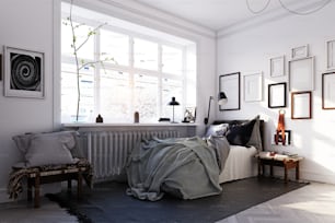 스칸디나비아 스타일의 침실 인테리어. 3d 렌더링 개념 설계