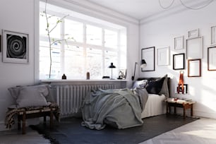 scandinavian style bedroom interior. 3d rendering concept design