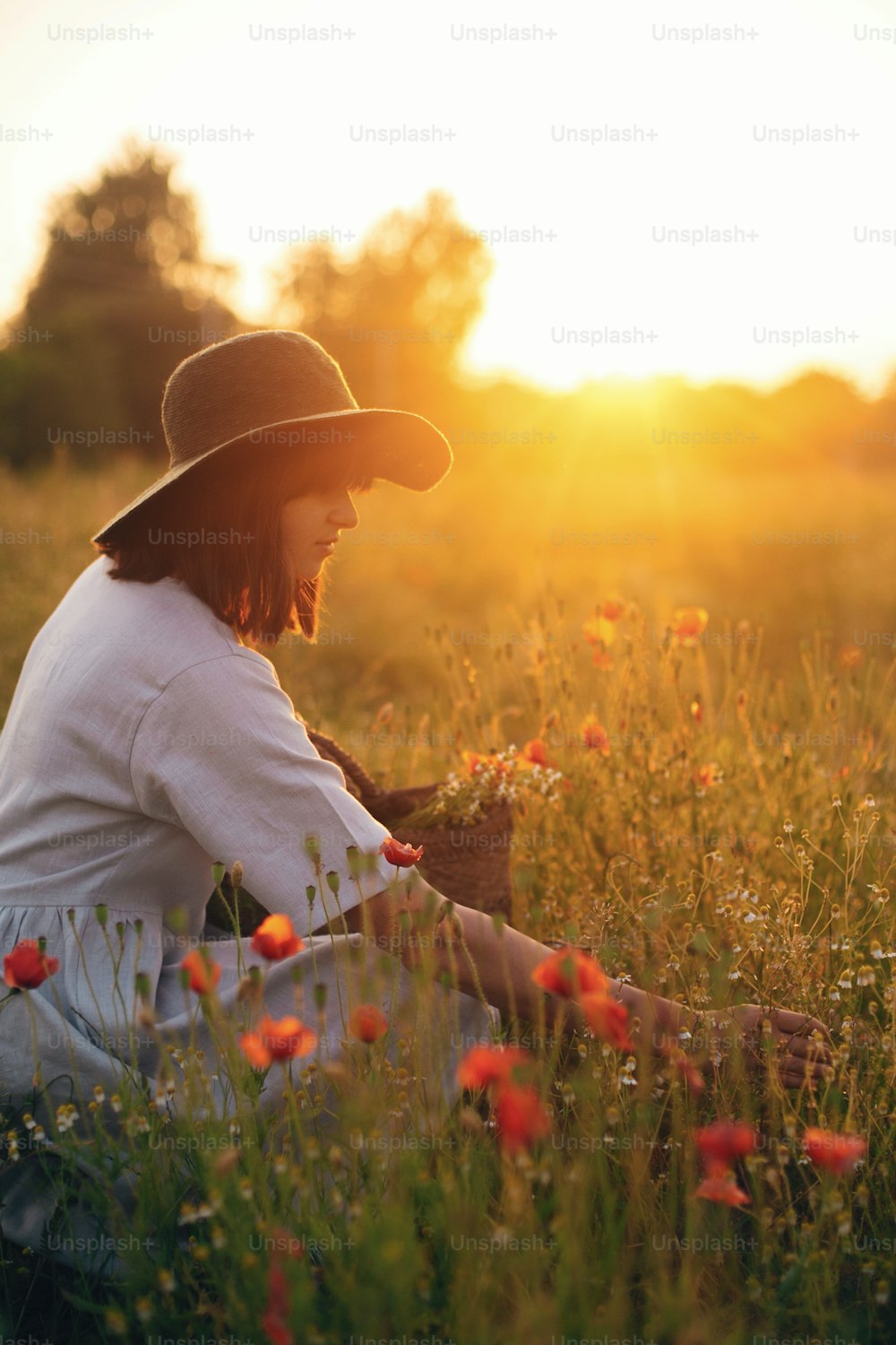 Stilvolles Mädchen im Leinenkleid, das Blumen in rustikalem Strohkorb sammelt und im Sonnenuntergang auf einer Mohnwiese sitzt. Boho-Frau mit Hut entspannt sich in warmer Abendsonne im Sommerfeld