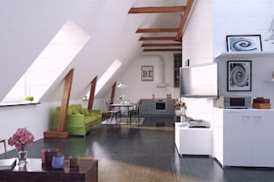 Diseño interior de cocina loft moderna. Concepto de renderizado 3D