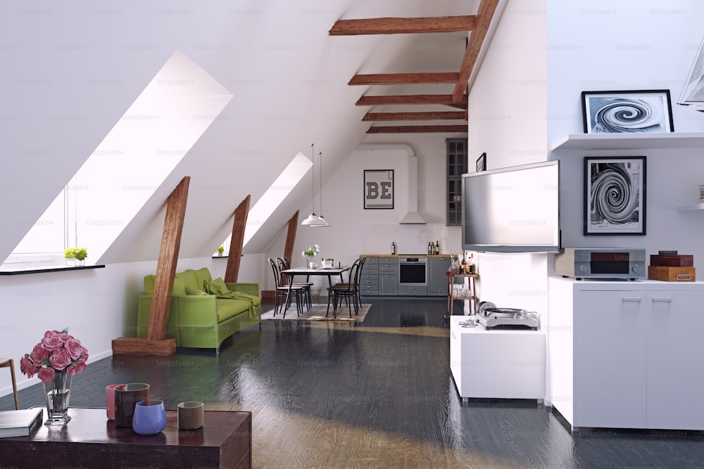 현대적인 로프트 주방 인테리어 디자인. 3d 렌더링 개념