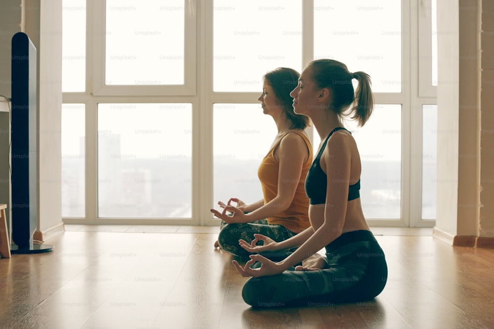 Close up in selective focus of two women hands gesture mudra, while doing yoga vinyasa flow, Padmasana, nirvana state of mind