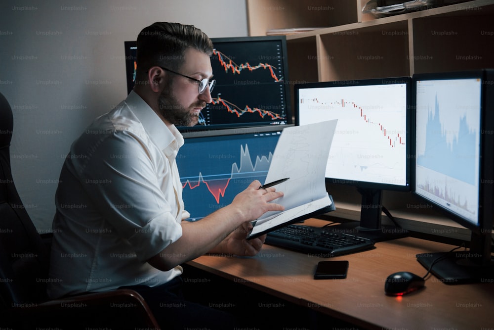 Reading reports. Bearded man in white shirt works in the office with multiple computer screens in index charts.
