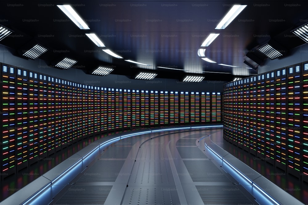 Rendering di interni di fantascienza di sfondo fantascientifico corridoi di astronavi a luce blu, rete di sale server con luci multicolore, rendering 3D