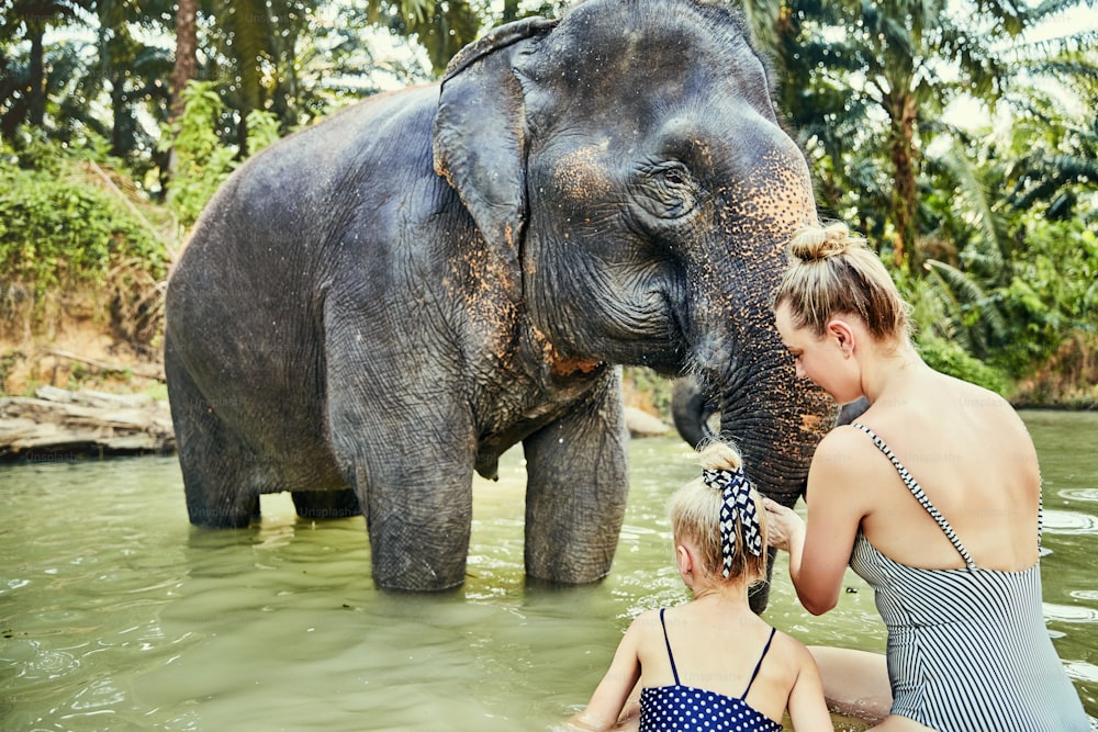 Madre e la sua piccola figlia in piedi in un fiume che lavano insieme un elefante in un santuario per animali in Thailandia