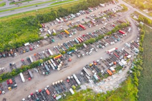 Aerial top view semi truck cargo trailer parking