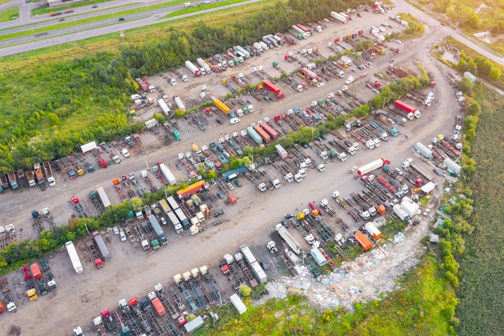 Aerial top view semi truck cargo trailer parking