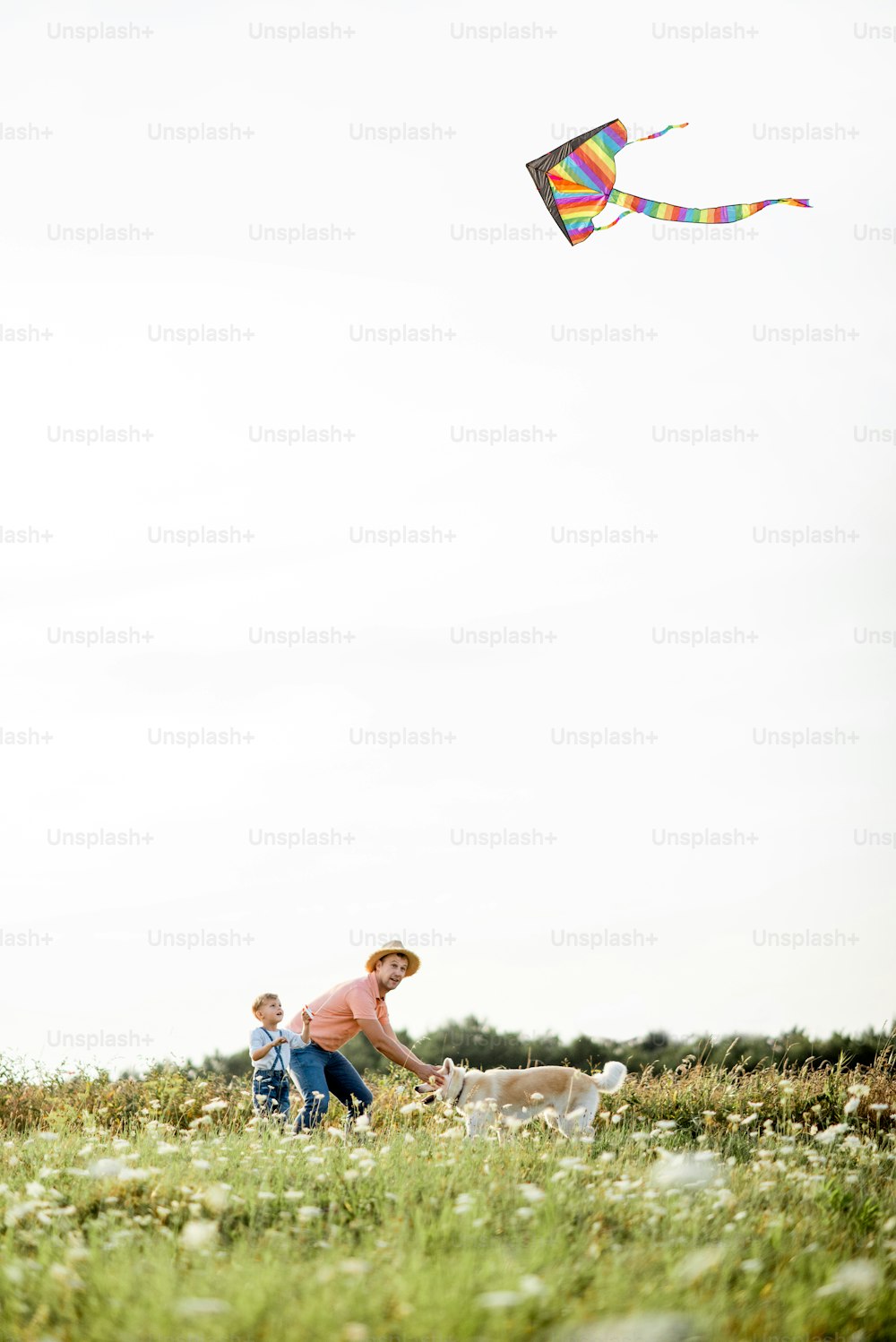 Vater mit Sohn lässt während des Sonnenuntergangs einen bunten Luftdrachen auf das Feld steigen. Konzept einer glücklichen Familie, die während der Sommeraktivität Spaß hat