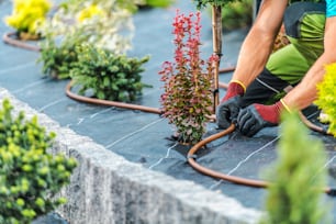 Construction d’un système d’irrigation de jardin résidentiel par un technicien professionnel en aménagement paysager et en jardinage.