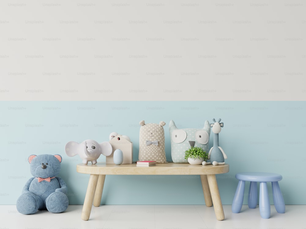 Cameretta per bambini con parete blu e bianca brillante, rendering 3D