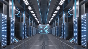 Server Room Network with blue lights,3D rendering