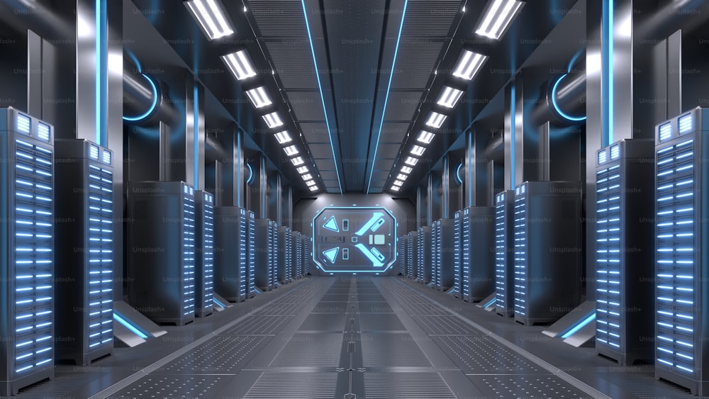 Server Room Network with blue lights,3D rendering