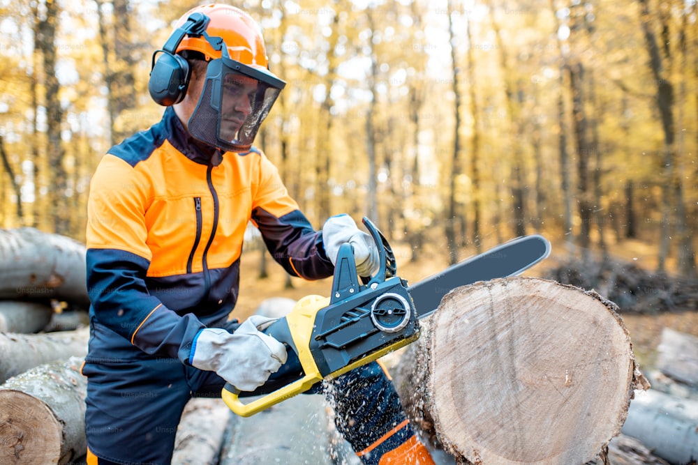 Lenhador profissional em roupas de trabalho de proteção trabalhando com uma motosserra na floresta, serrando um tronco de madeira grosso