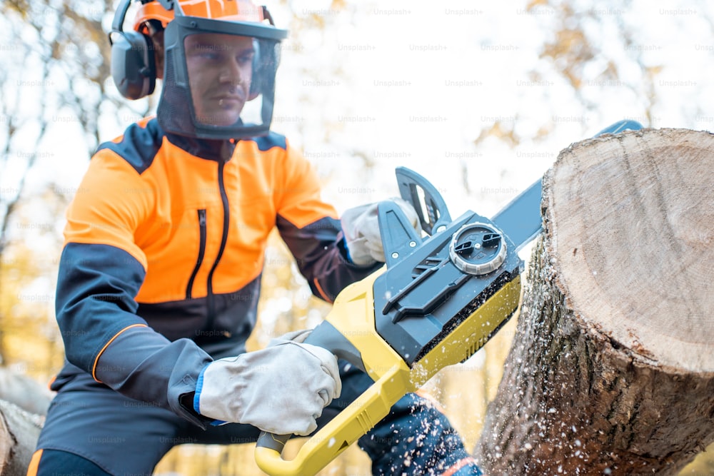 Leñador profesional con ropa de trabajo protectora trabajando con una motosierra en el bosque, aserrando un tronco de madera grueso