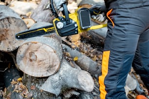 Professional lumberjack in protective workwear working with a chainsaw in the forest, sawing wooden logs, close-up view with no face