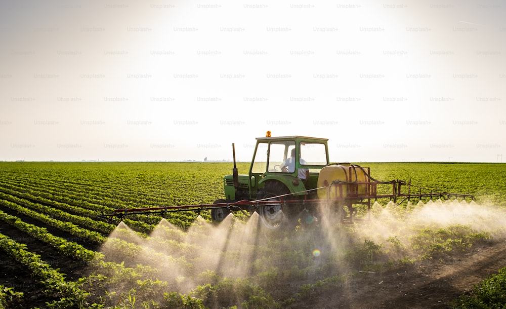 Tractor rociando pesticidas en el campo de soja con rociador en primavera