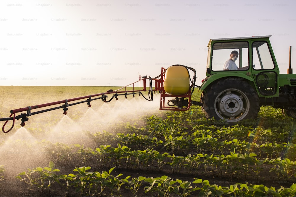 Tractor rociando pesticidas en el campo de soja con rociador en primavera