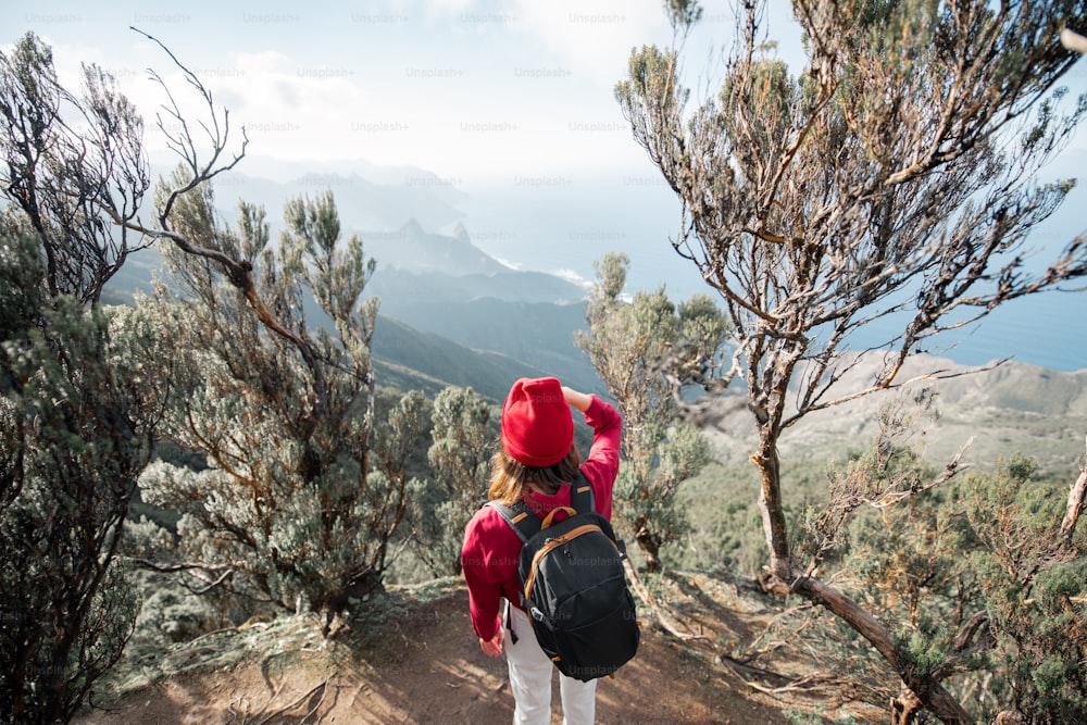 Woman in red hat enjoying breathtaking view on the rocky coastline of Tenerife island while traveling highly in the mountains in the rainforest