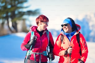 雪のハイキング中の幸せな若い女性のカップル