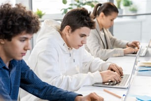 Young serious student looking at data on laptop display while preparing presentation of new software between classmates