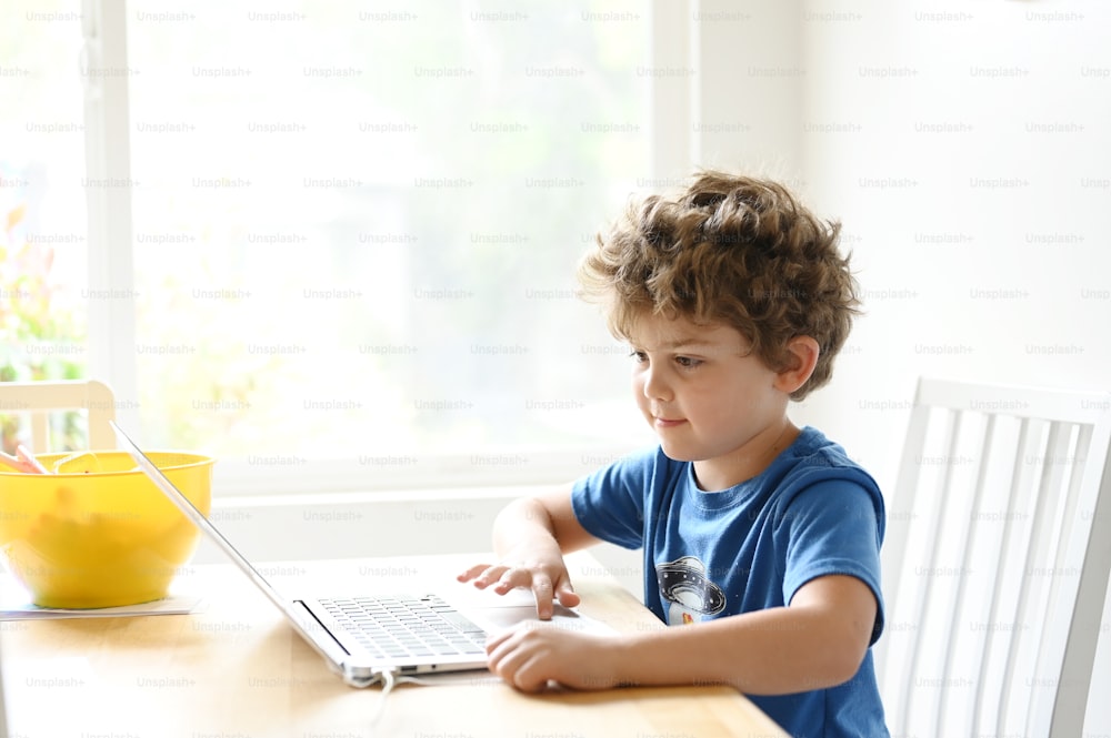 a young boy sitting at a table using a laptop computer