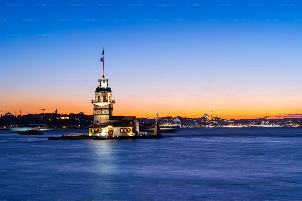 Maiden's tower at night in istanbul, Turkey.