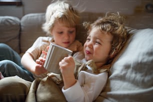 Two small sick children brother and sister at home lying in bed, drinking tea.