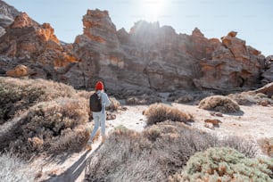 Landscape of a beautiful rocks on the desert valley with woman traveling at the natural park near Teide volcano on Tenerife island, Spain